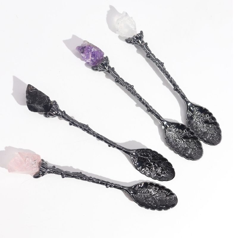 Set de 7 Cuillères Sorcières en Cristal et Pierre Précieuse Argent Sombre