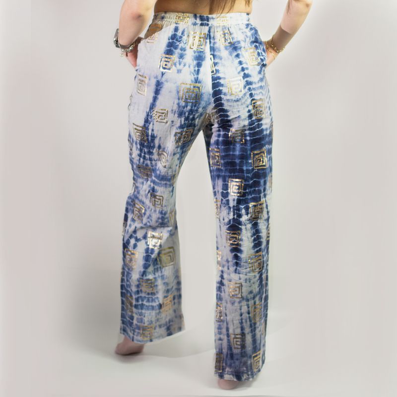 Nomad Sari Pantalon - Motif Grec Bleu & Doré Peint à la Main