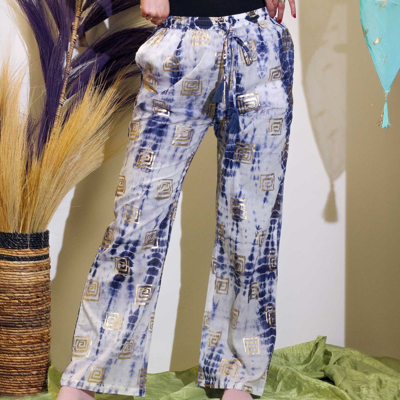 Nomad Sari Pantalon - Motif Grec Bleu & Doré Peint à la Main