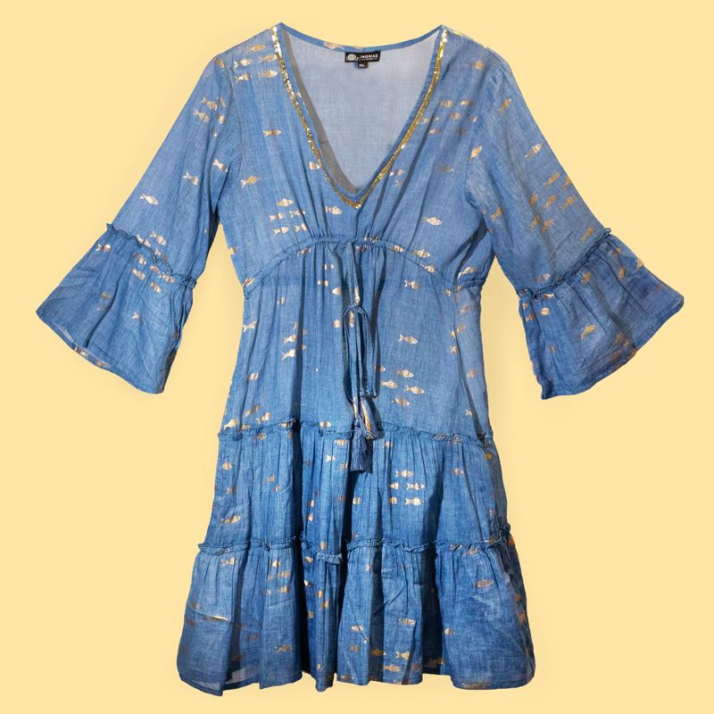 Nomad Sari - Robe Bleu Océan & Design Poisson Doré