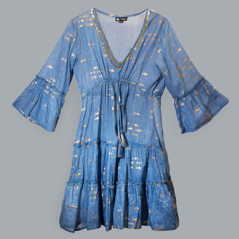 Nomad Sari - Robe Bleu Océan & Design Poisson Doré