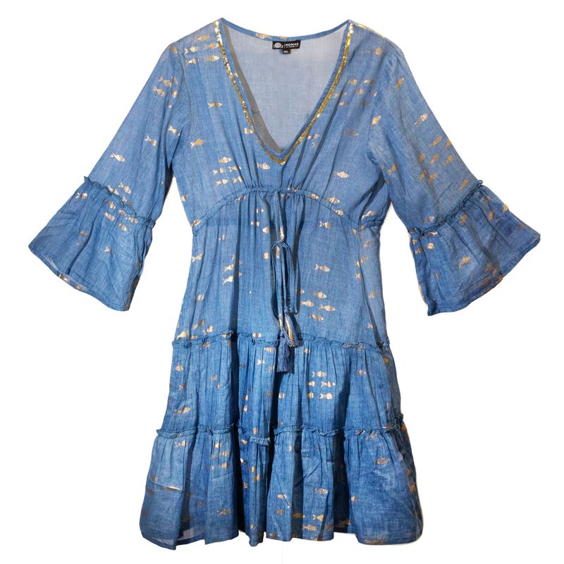 Nomad Sari - Robe Bleu Océan & Design Poisson Doré