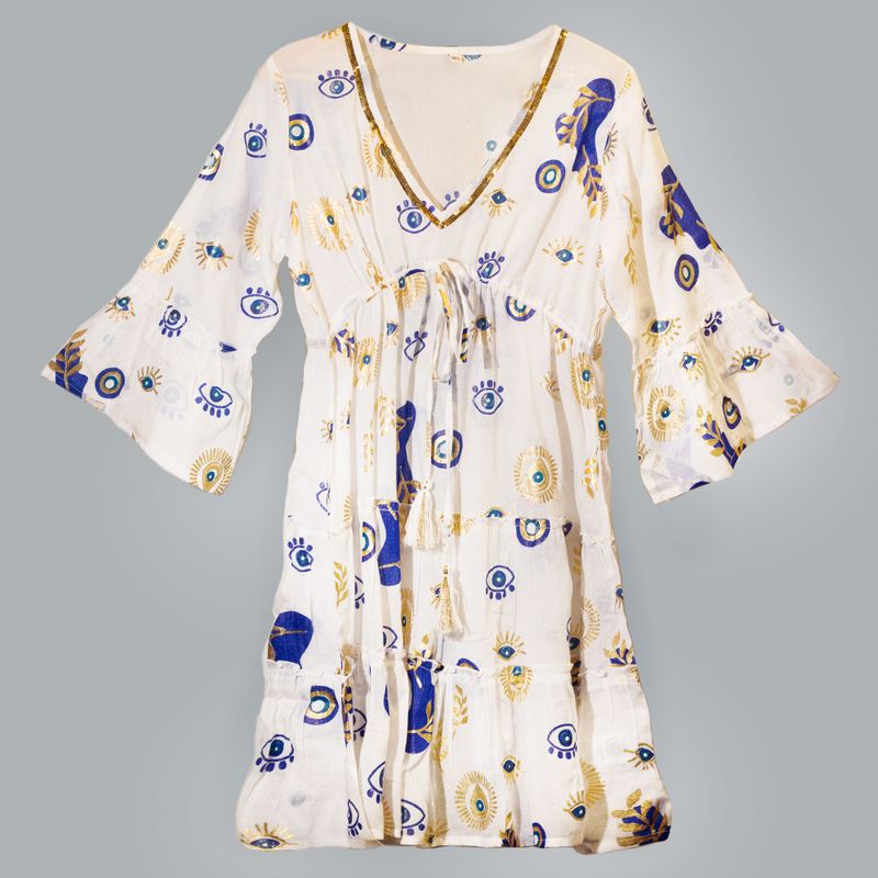 Nomad Sari - Robe Blanc, Bleu & Design Œil Maléfique Doré