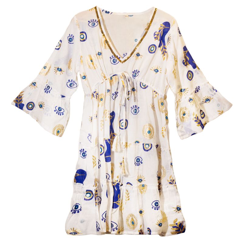 Nomad Sari - Robe Blanc, Bleu & Design Œil Maléfique Doré