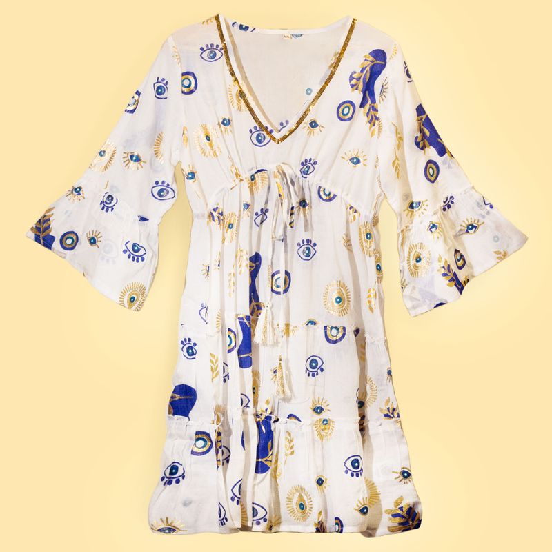 Nomad Sari - Robe Blanc, Bleu & Design Œil Maléfique Doré