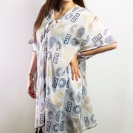 Nomad Sari  Caftan - Motif Grec Bleu & Doré Peint à la Main