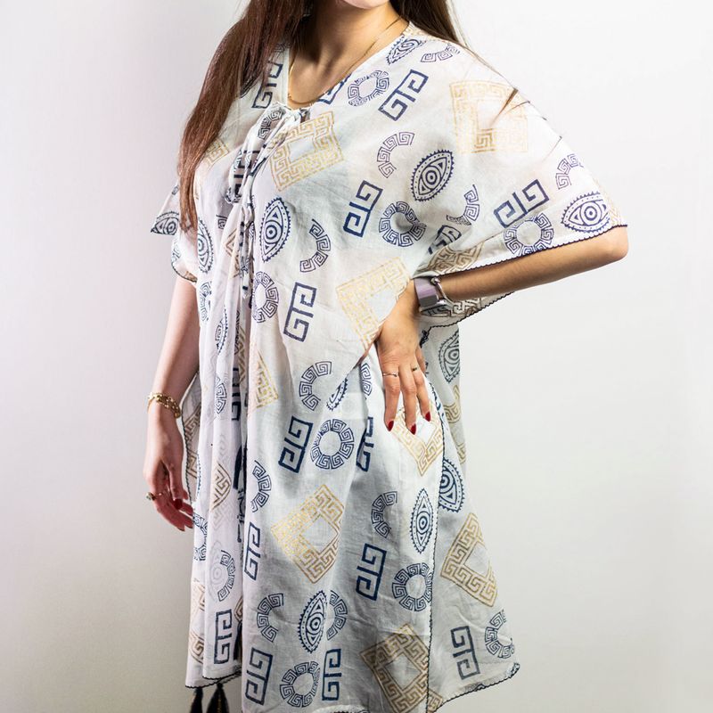 Nomad Sari  Caftan - Motif Grec Bleu & Doré Peint à la Main