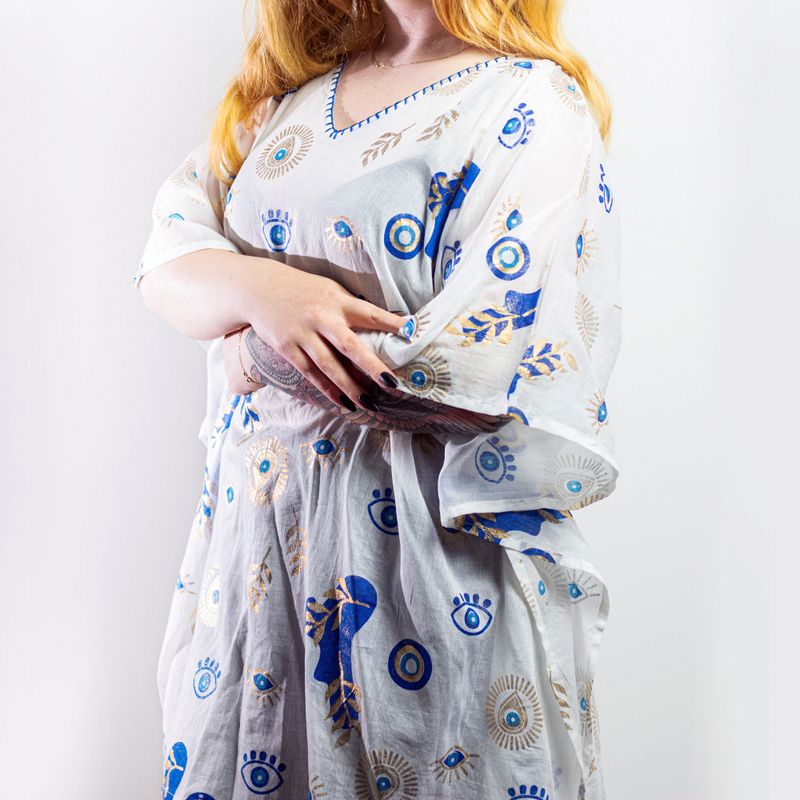 Nomad Sari  Caftan - Blanc, Bleu & Œil Porte-Bonheur Doré