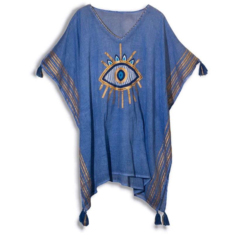 Nomad Sari  Caftan - Bleu Profond & Œil Porte-Bonheur Doré
