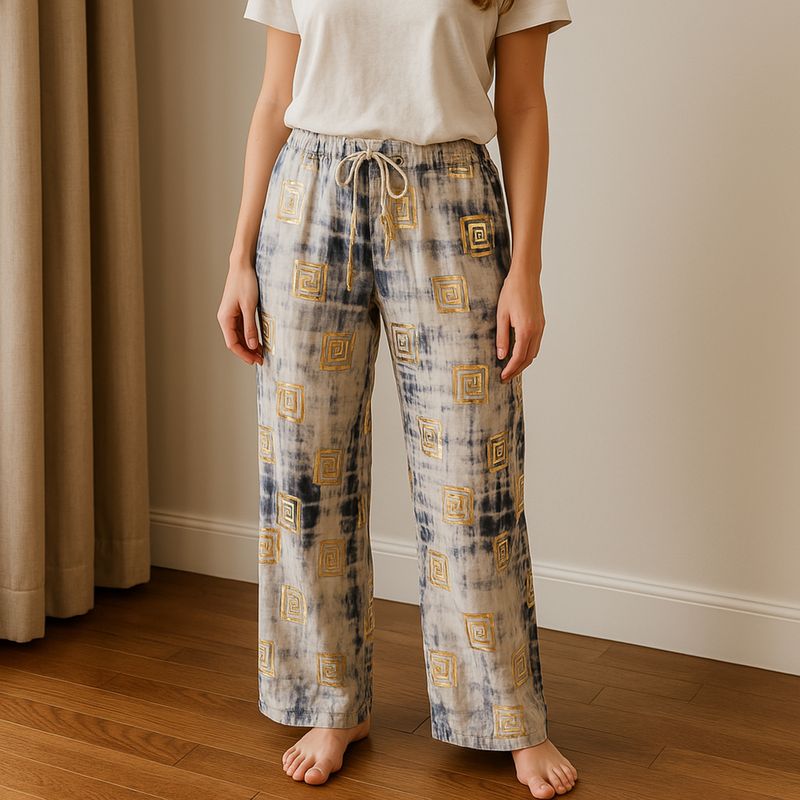 Nomad Sari Pantalon - Motif Grec Bleu & Doré Peint à la Main