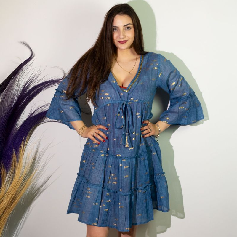 Nomad Sari - Robe Bleu Océan & Design Poisson Doré