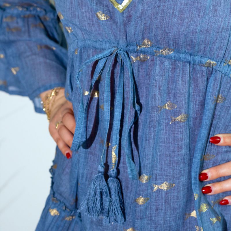 Nomad Sari - Robe Bleu Océan & Design Poisson Doré