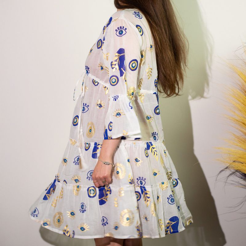 Nomad Sari - Robe Blanc, Bleu & Design Œil Maléfique Doré