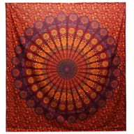 Couvre-lit en coton double + tenture murale - Mandala Paon - Marron