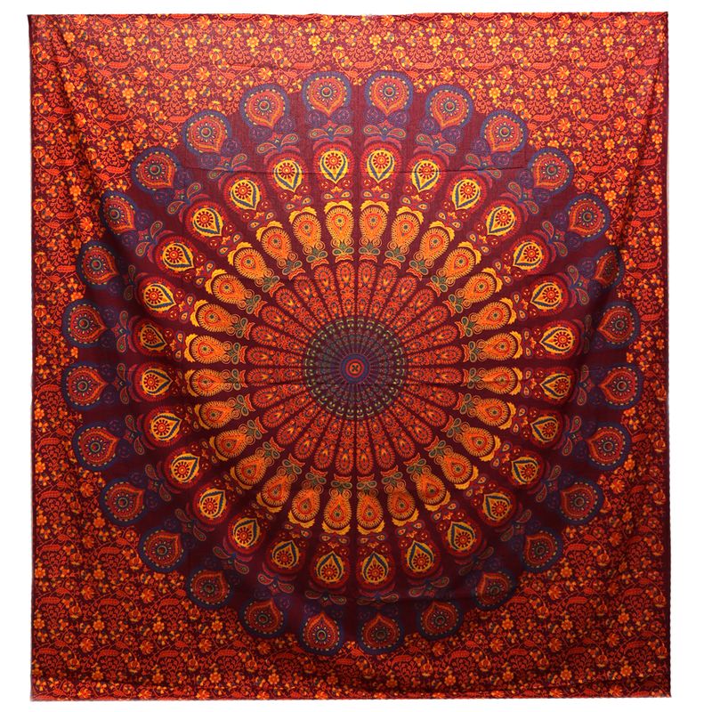 Couvre-lit en coton double + tenture murale - Mandala Paon - Marron