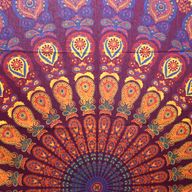 Couvre-lit en coton double + tenture murale - Mandala Paon - Marron