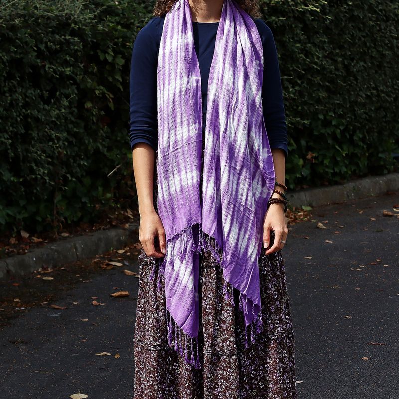 Foulard Bohème Java Art - Rayures Lavande & Motif - 62x200 cm