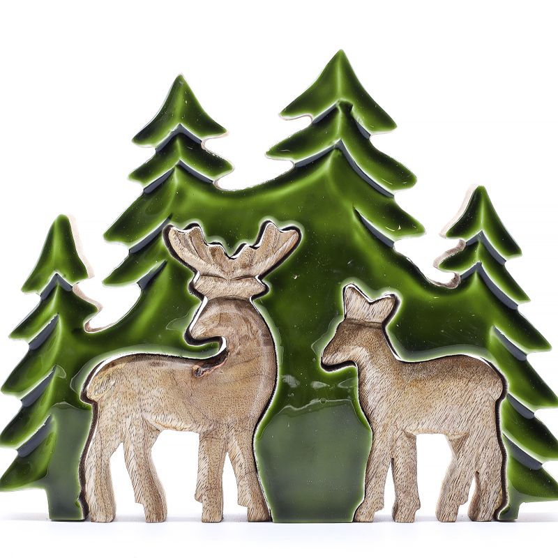 Deux cerfs dans la forêt, décoration en bois 3D – 18x23 cm