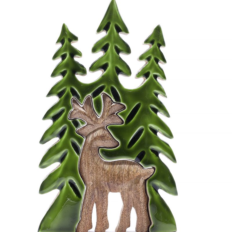 Cerf élégant et sapins, décoration en bois 3D – 25x15 cm
