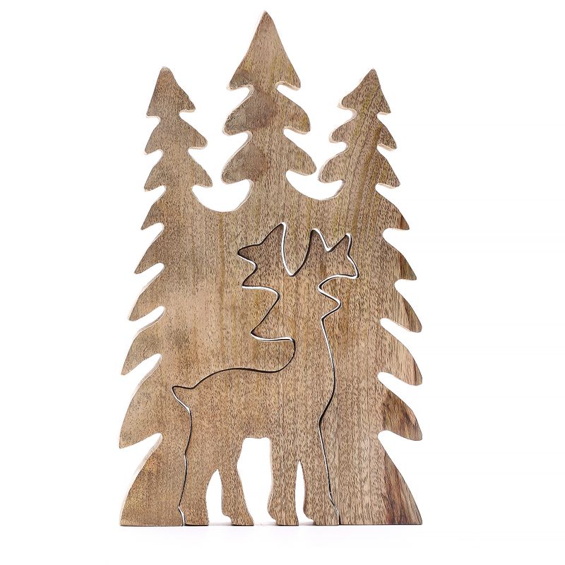Cerf élégant et sapins, décoration en bois 3D – 25x15 cm