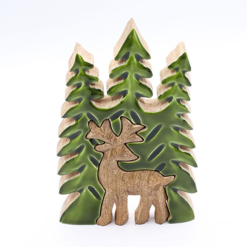 Cerf élégant et sapins, décoration en bois 3D – 25x15 cm