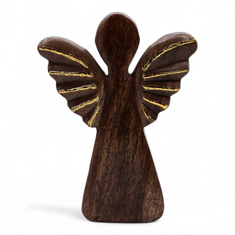 Grand Ange en bois de manguier – Décor doré – 19 cm