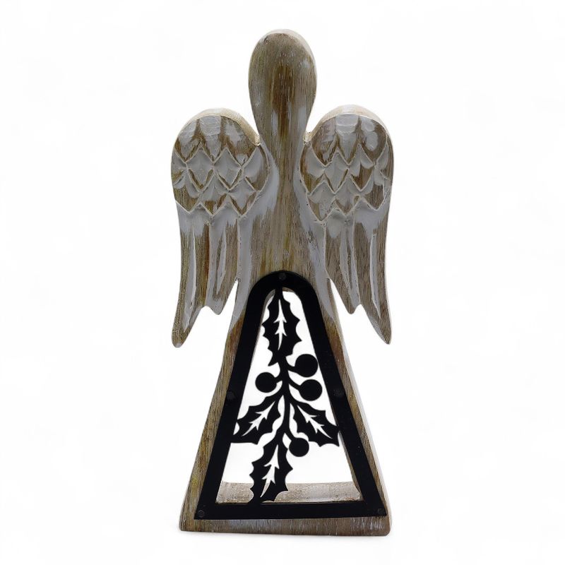 Ange bois de manguier – Finition blanchie & décor en fer ajouré – 18 cm