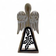 Ange bois de manguier – Finition blanchie & décor en fer ajouré – 18 cm