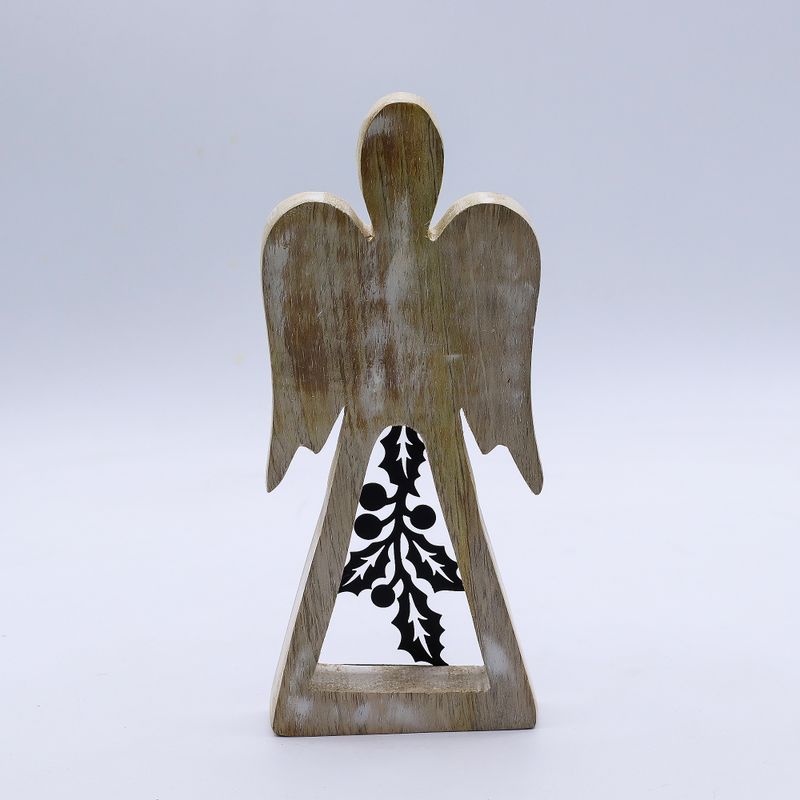 Ange bois de manguier – Finition blanchie & décor en fer ajouré – 18 cm