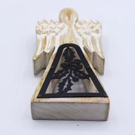 Ange bois de manguier – Finition blanchie & décor en fer ajouré – 18 cm