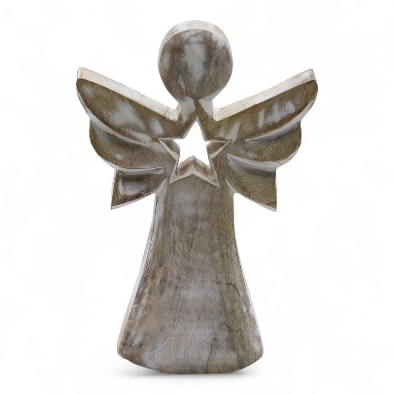 Ange bois de manguier – Finition blanchie découpe étoile au centre – 18 cm