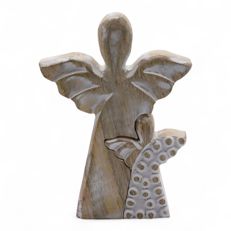 Ange en bois de manguier avec ange imbriqué – Finition blanchie – 15 cm