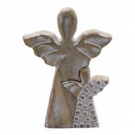 Ange en bois de manguier avec ange imbriqué – Finition blanchie – 15 cm