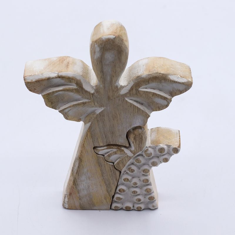 Ange en bois de manguier avec ange imbriqué – Finition blanchie – 15 cm