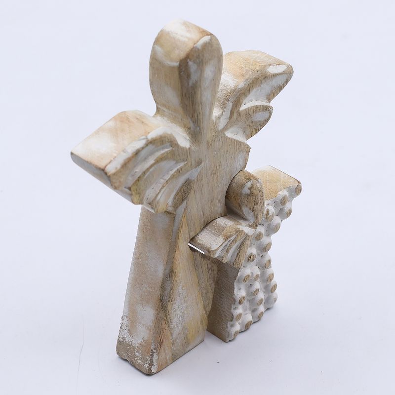Ange en bois de manguier avec ange imbriqué – Finition blanchie – 15 cm