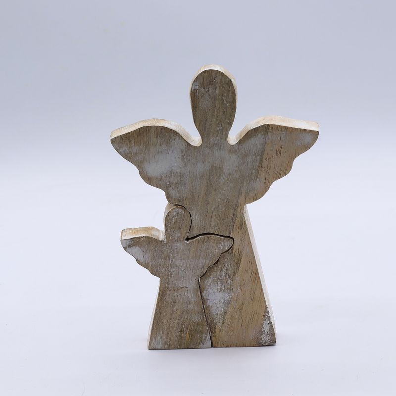 Ange en bois de manguier avec ange imbriqué – Finition blanchie – 15 cm