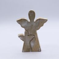 Ange en bois de manguier avec ange imbriqué – Finition blanchie – 15 cm