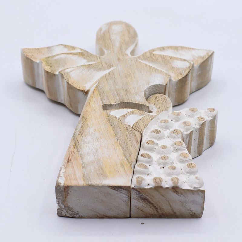 Ange en bois de manguier avec ange imbriqué – Finition blanchie – 15 cm