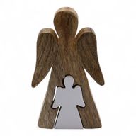 Ange en bois de manguier avec ange imbriqué – Émail blanc – 15 cm