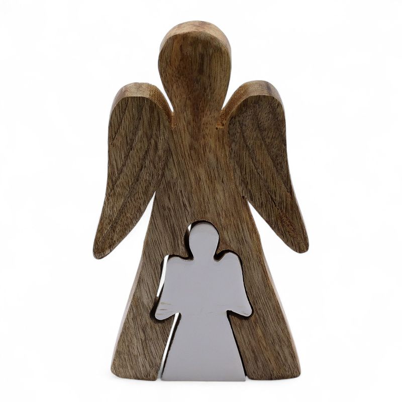 Ange en bois de manguier avec ange imbriqué – Émail blanc – 15 cm