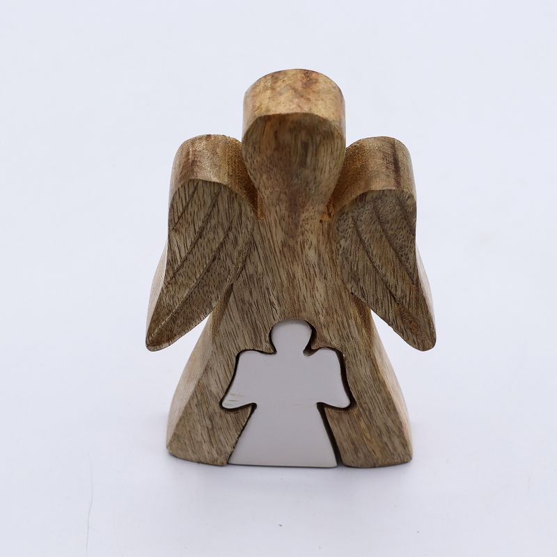 Ange en bois de manguier avec ange imbriqué – Émail blanc – 15 cm