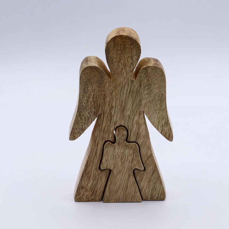 Ange en bois de manguier avec ange imbriqué – Émail blanc – 15 cm