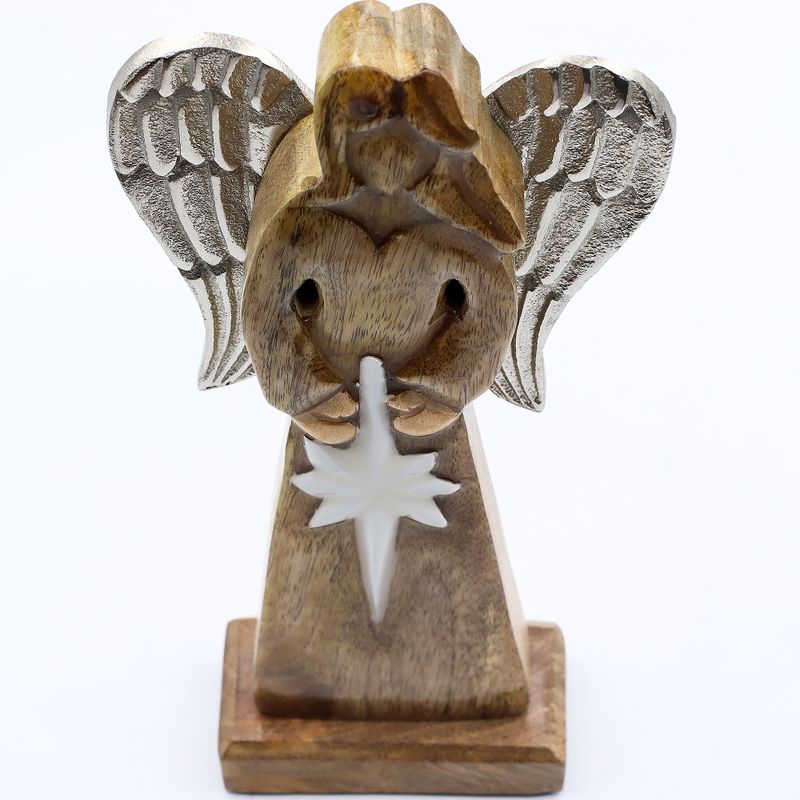 Grand Ange de la Paix en bois de manguier – Ailes en métal & détails émaillés – 30 cm