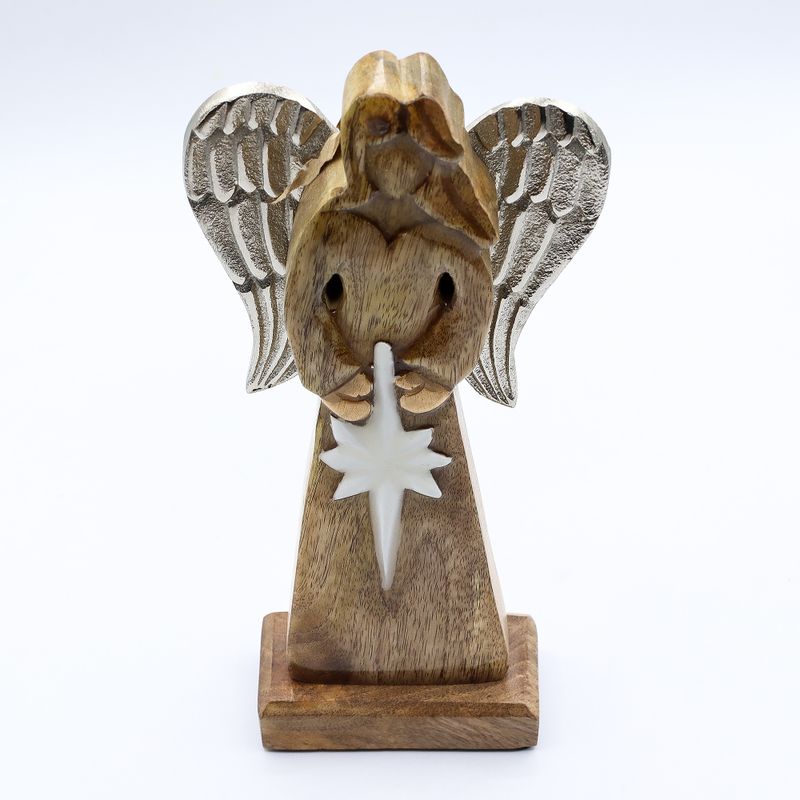 Grand Ange de la Paix en bois de manguier – Ailes en métal & détails émaillés – 30 cm