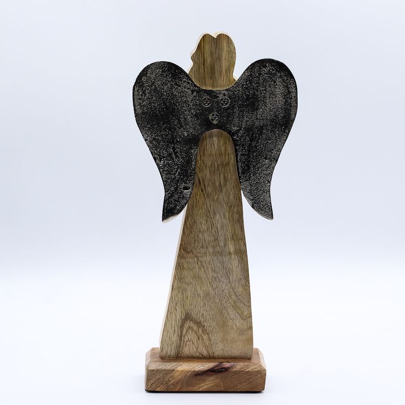 Grand Ange de la Paix en bois de manguier – Ailes en métal & détails émaillés – 30 cm