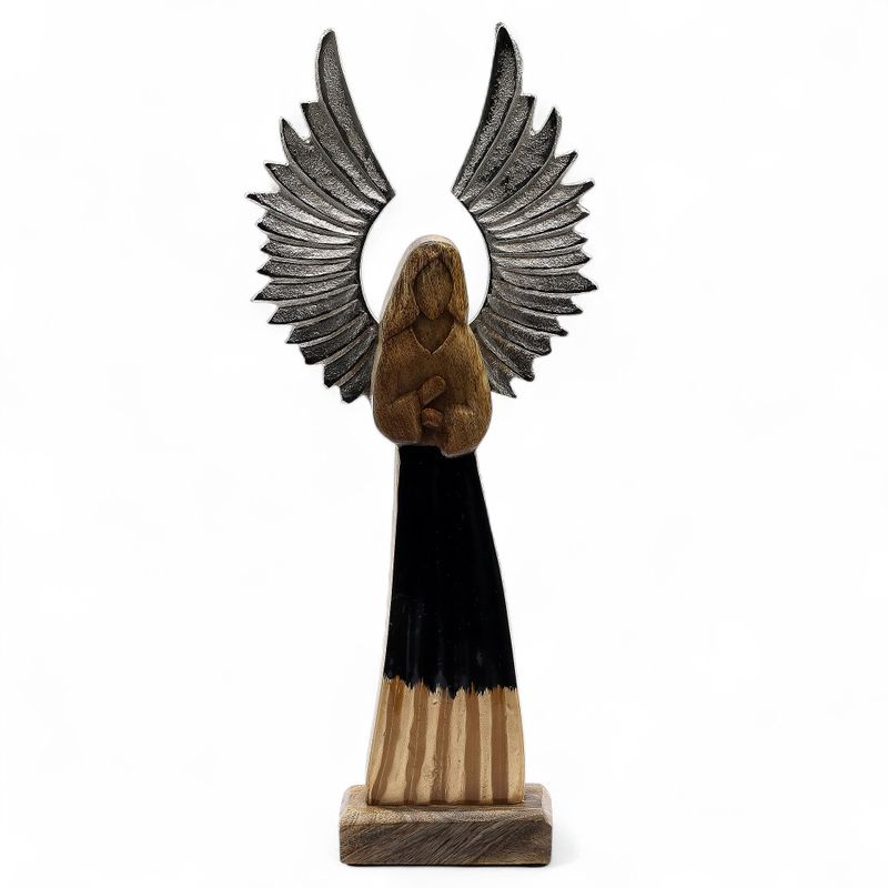 Grand Ange Gardien en bois de manguier – Ailes en métal & détails émaillés – 40 cm