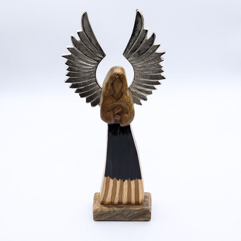 Grand Ange Gardien en bois de manguier – Ailes en métal & détails émaillés – 40 cm