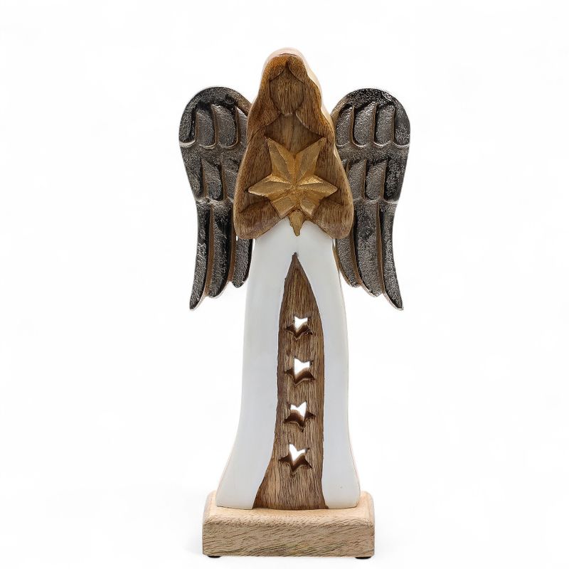 Grand Ange Étoile en bois de manguier – Ailes en métal & détails émaillés – 30 cm