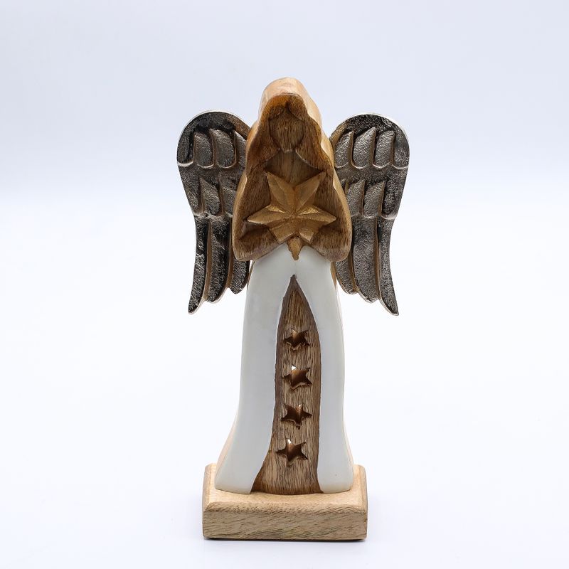Grand Ange Étoile en bois de manguier – Ailes en métal & détails émaillés – 30 cm