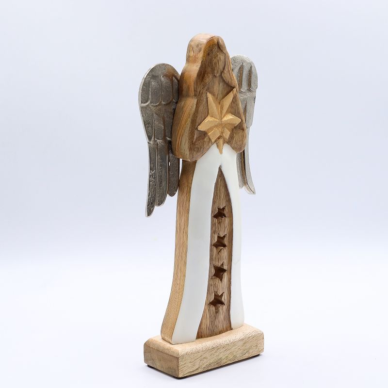 Grand Ange Étoile en bois de manguier – Ailes en métal & détails émaillés – 30 cm